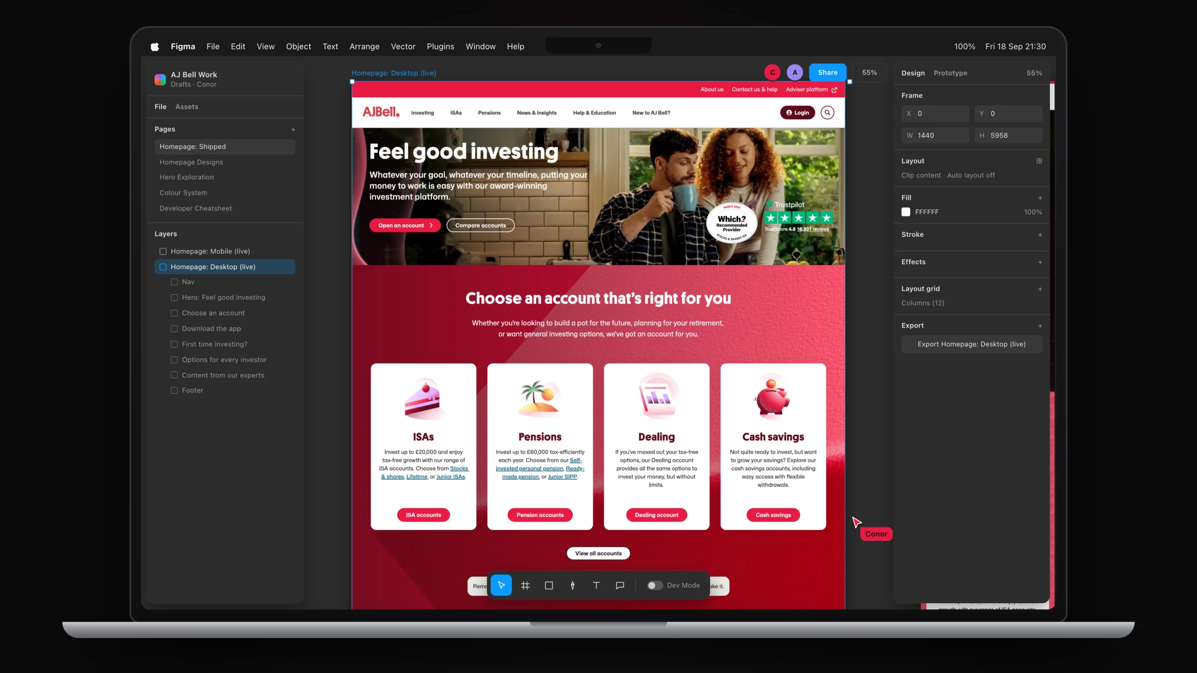 Desktop: hero, account types and trust signals